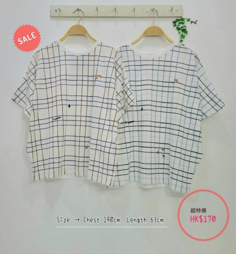 日本3色綴彩色刺繡圖案x條紋格仔柄棉質TOP